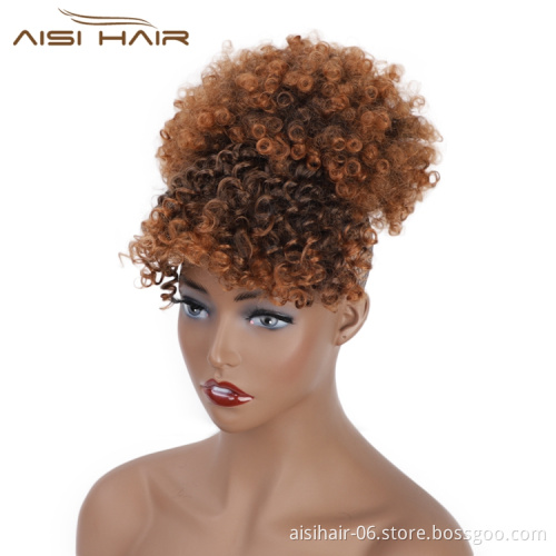 Aisi Hair Best Selling High Temperature Fiber Chignon With Bangs Kinky Curly Bun Hairpieces Short Afro Puff Updo Hair Extensions